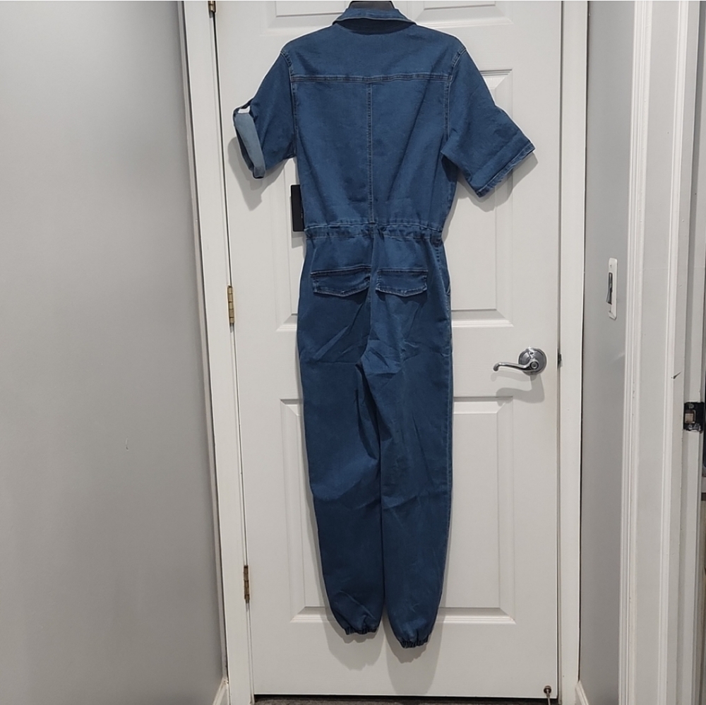 American Bazi cinched waist zip up medium wash denim jumpsuit size M - Picture 7 of 9